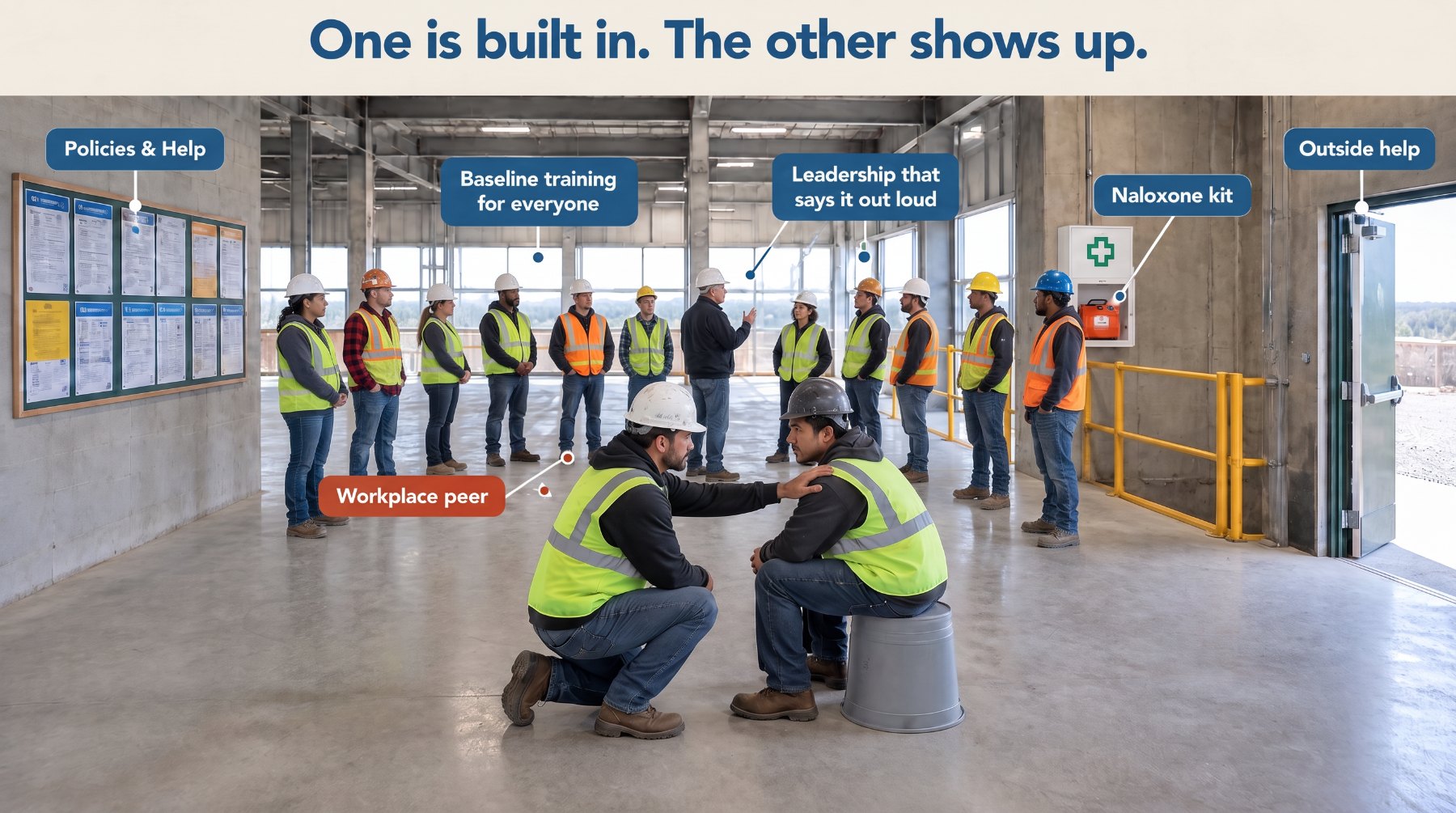 A jobsite with labels on the built-in pieces of a Recovery Friendly Workplace, and a Workplace Peer kneeling to talk with a coworker
